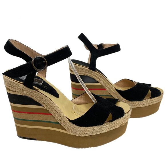 Andre Assous Black Striped Wedge Sandals | Size 9.5 - Picture 1 of 8